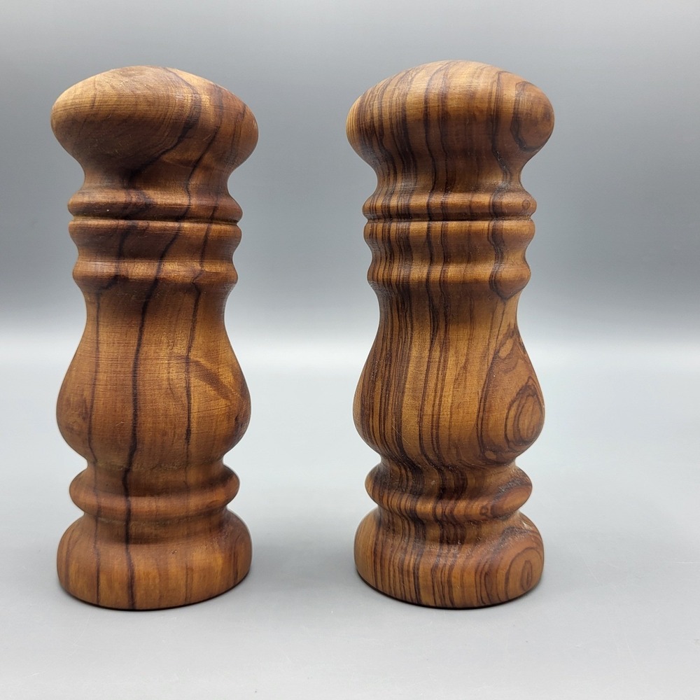 Vintage Salt and Pepper Shakers Olive Wood Hand Turned Brown Decorative